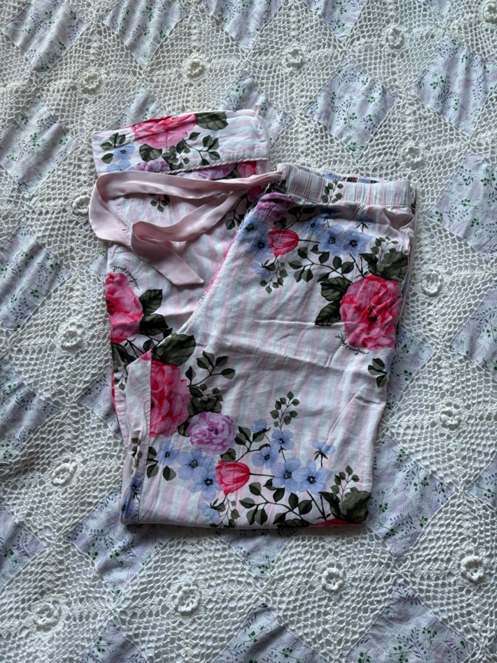 Victoria’s Secret pink + white striped floral pj pants
